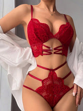 Sexy Red Lace Lingerie Set with Crisscross Straps – Strappy Bodysuit with Floral Detailing & Adjustable Fit