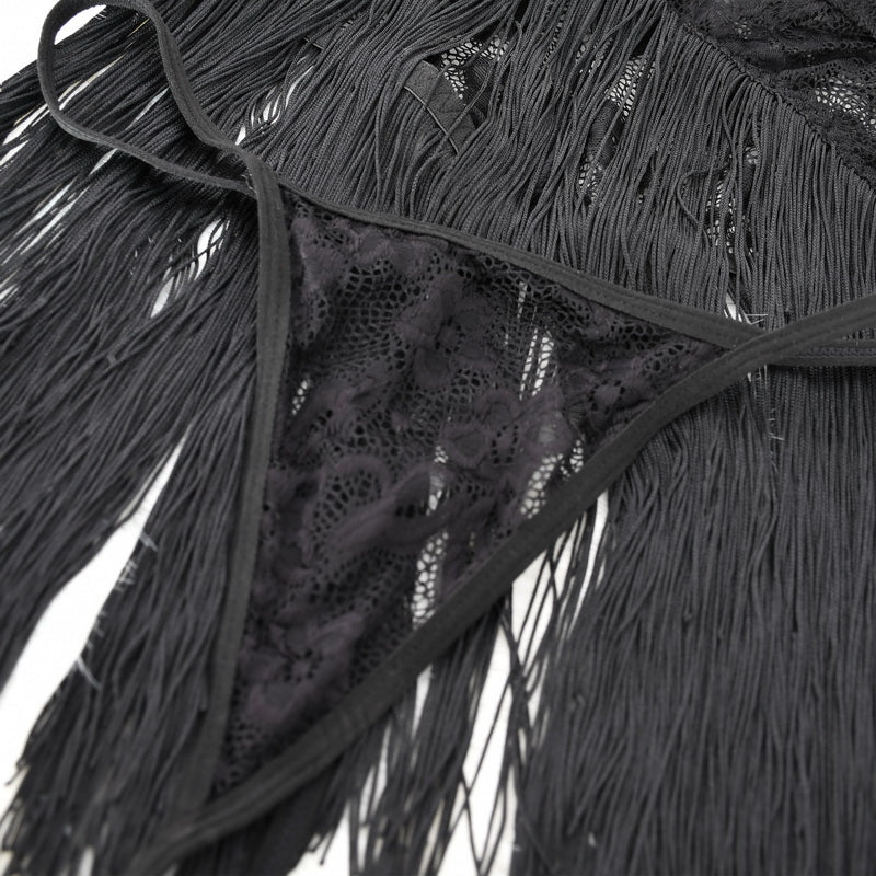 Black Sexy Lingerie Pure Desire Perspective Lace Deep Seduction Tassel Dress Sexy Backless Night Dress Set
