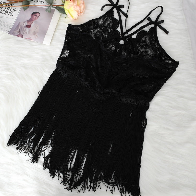 Black Sexy Lingerie Pure Desire Perspective Lace Deep Seduction Tassel Dress Sexy Backless Night Dress Set