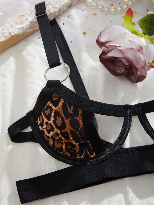 Black Zebra Print Lingerie Set Bra Brief And Stockings 4-Piece Erotic Hollow Cut Out Lingerie for Women