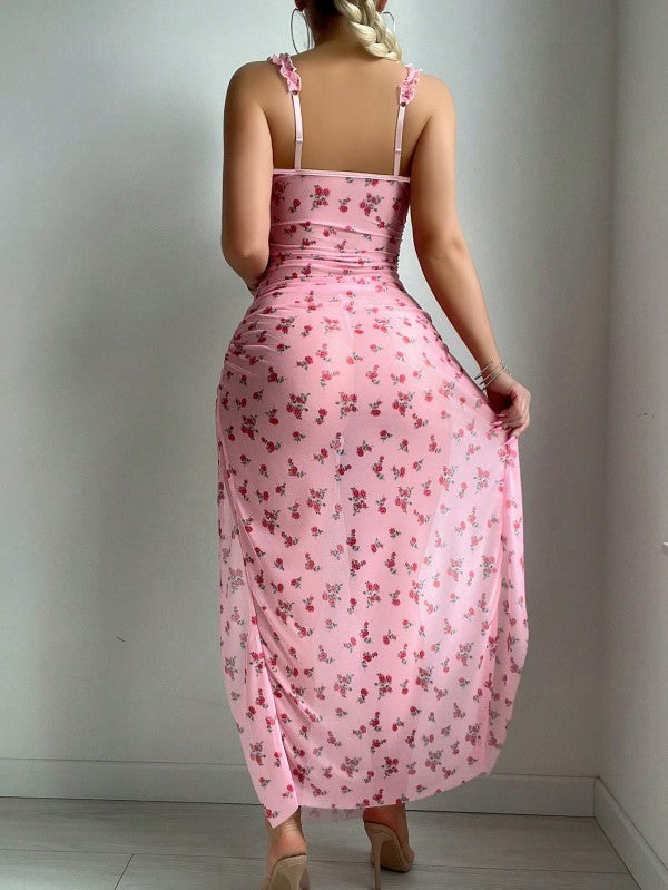 Women's Fashion Lace Flower Nightdress Sexy High Slit Beach Dress Seductive Perspective Chemise Halter Mesh Sheer Nightdress